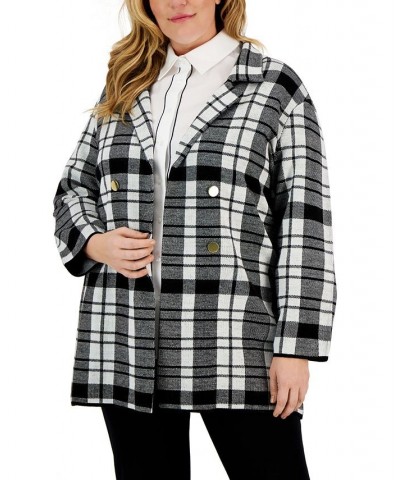 Plus Size Edge To Edge Notched-Collar Cardigan Jacket Ivory/Black $21.88 Jackets