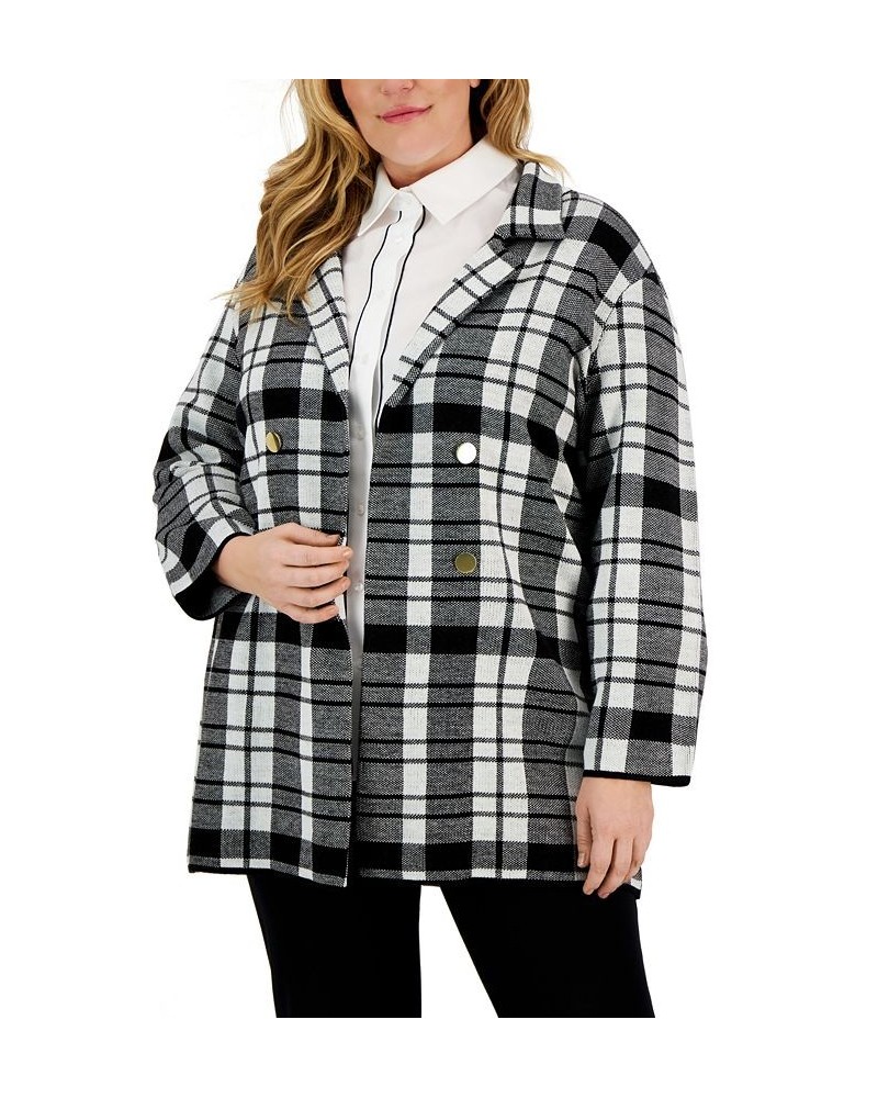 Plus Size Edge To Edge Notched-Collar Cardigan Jacket Ivory/Black $21.88 Jackets