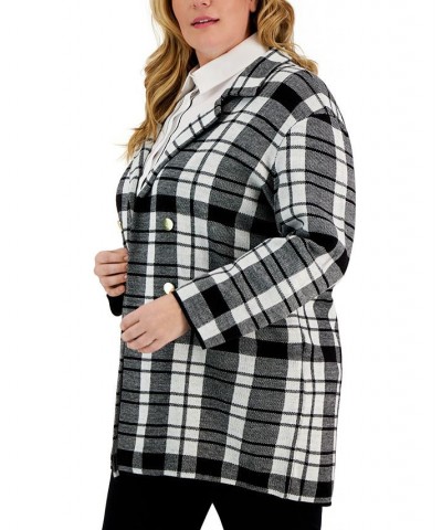 Plus Size Edge To Edge Notched-Collar Cardigan Jacket Ivory/Black $21.88 Jackets