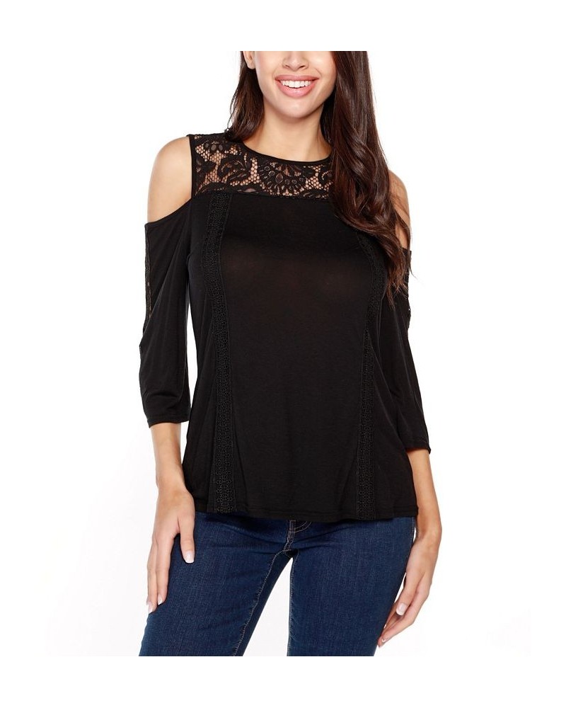 Women's Black Label Ruffle Lace Cold Shoulder Top Black $24.50 Tops