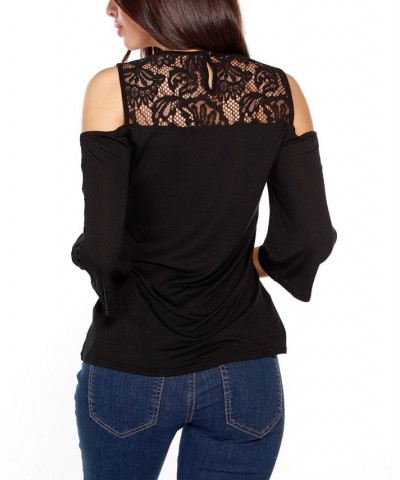 Women's Black Label Ruffle Lace Cold Shoulder Top Black $24.50 Tops