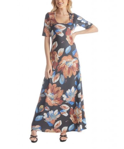 Women's 3/4 Sleeve Length Loose Long Dress Brown Multi $34.00 Dresses