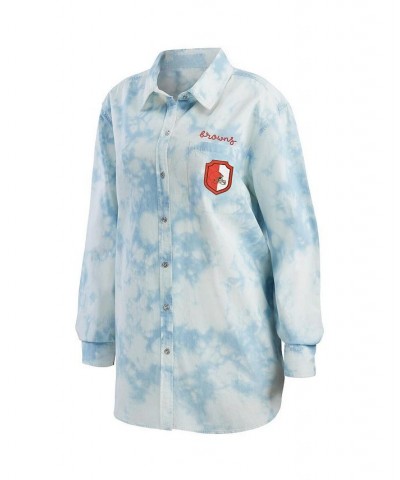 Women's Denim Cleveland Browns Chambray Acid-Washed Long Sleeve Button-Up Shirt Denim $32.80 Tops