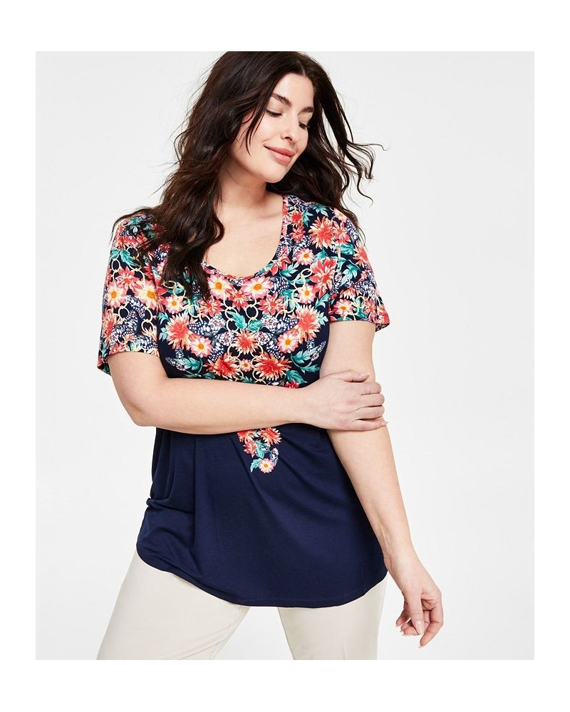 Plus Size Floral-Print Scoop-Neck Top Blue $13.77 Tops