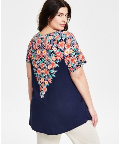 Plus Size Floral-Print Scoop-Neck Top Blue $13.77 Tops