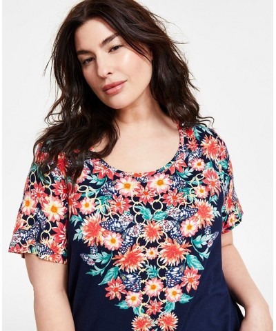 Plus Size Floral-Print Scoop-Neck Top Blue $13.77 Tops