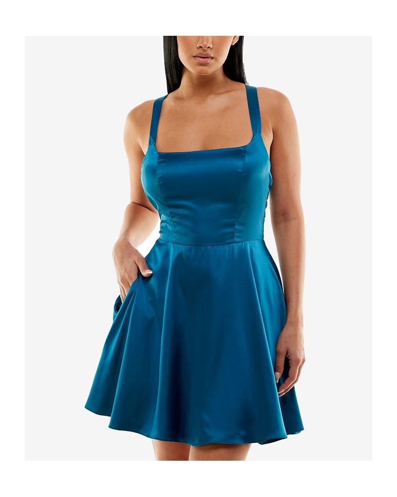 Juniors' Crisscross-Back Satin Pocket Dress Teal Kiss $39.50 Dresses