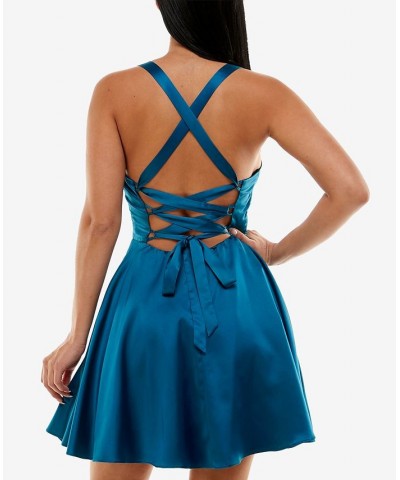 Juniors' Crisscross-Back Satin Pocket Dress Teal Kiss $39.50 Dresses