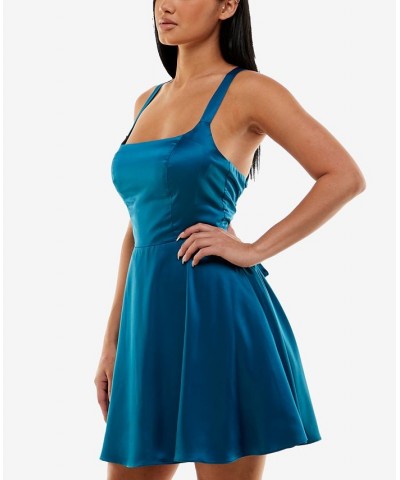 Juniors' Crisscross-Back Satin Pocket Dress Teal Kiss $39.50 Dresses