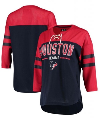 Women's Navy Red Houston Texans Double Wing Lace-Up 3/4 Sleeve T-shirt Navy $23.04 Tops
