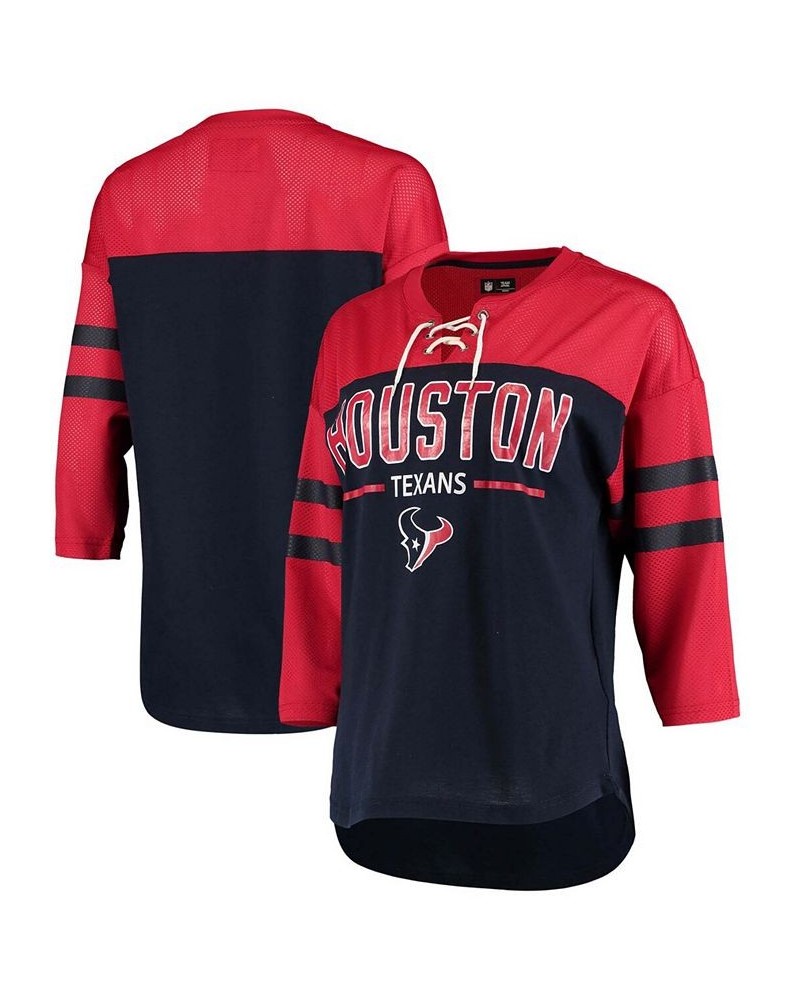 Women's Navy Red Houston Texans Double Wing Lace-Up 3/4 Sleeve T-shirt Navy $23.04 Tops