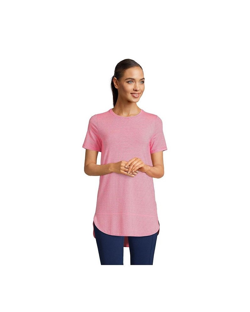 Women's Petite Moisture Wicking UPF Sun Short Sleeve Curved Hem Tunic Top Hot pink/white pinstripe $26.48 Tops