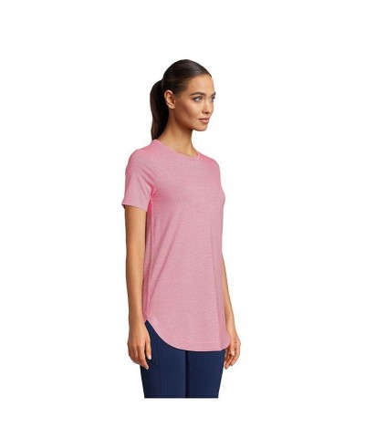 Women's Petite Moisture Wicking UPF Sun Short Sleeve Curved Hem Tunic Top Hot pink/white pinstripe $26.48 Tops