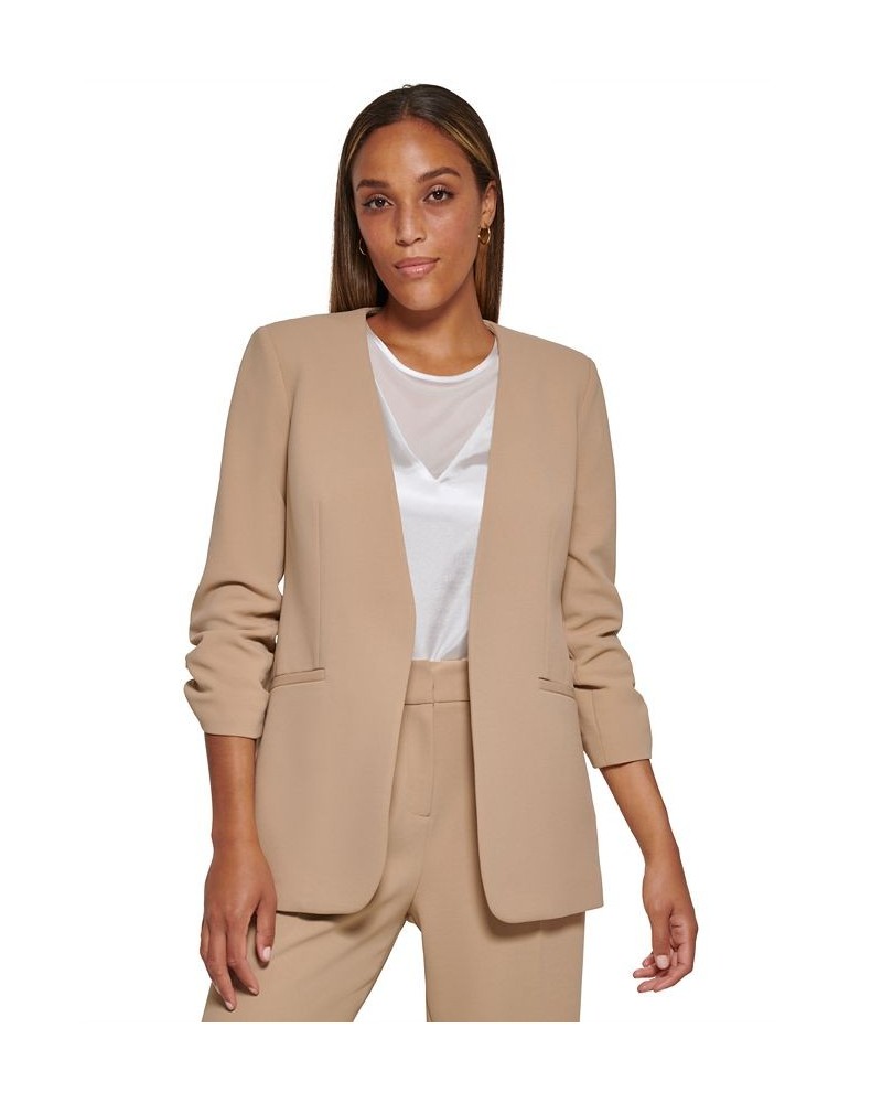 Women's Ruched-Sleeve Open-Front Jacket Mocha $40.05 Jackets