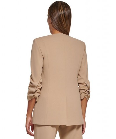 Women's Ruched-Sleeve Open-Front Jacket Mocha $40.05 Jackets