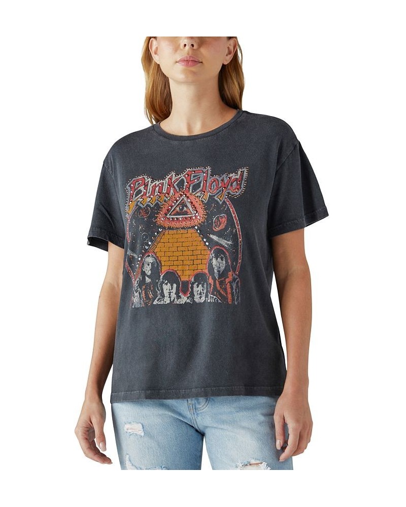 Women's Cotton Pink Floyd Graphic-Print Boyfriend Tee Jet Black $14.25 Tops