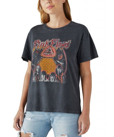 Women's Cotton Pink Floyd Graphic-Print Boyfriend Tee Jet Black $14.25 Tops