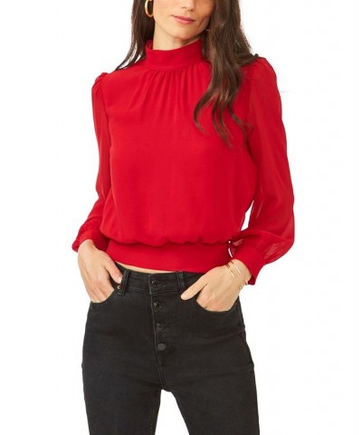 Women's Long Sleeve Cropped Mock Neck Blouse Red $32.72 Tops