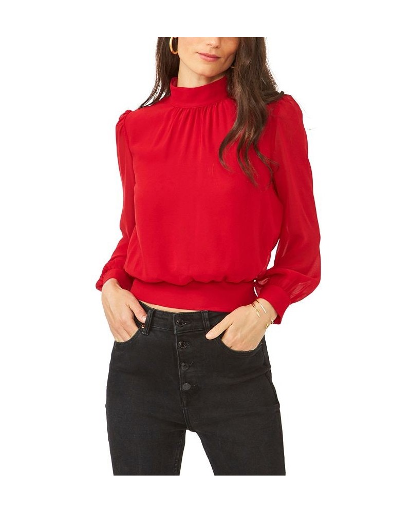 Women's Long Sleeve Cropped Mock Neck Blouse Red $32.72 Tops