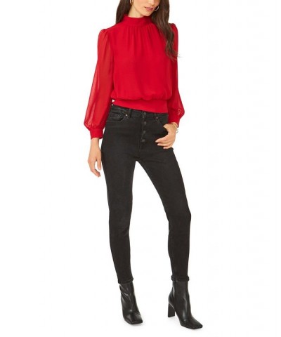 Women's Long Sleeve Cropped Mock Neck Blouse Red $32.72 Tops