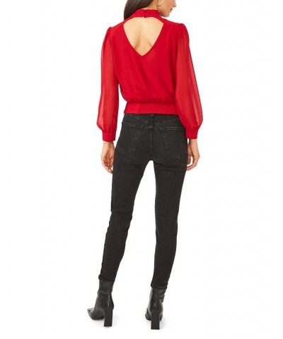 Women's Long Sleeve Cropped Mock Neck Blouse Red $32.72 Tops