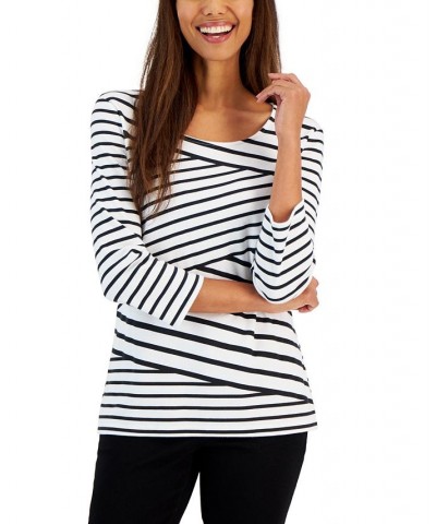 Women's Callie Asymmetrical-Stripe 3/4-Sleeve Top Bright White $10.59 Tops