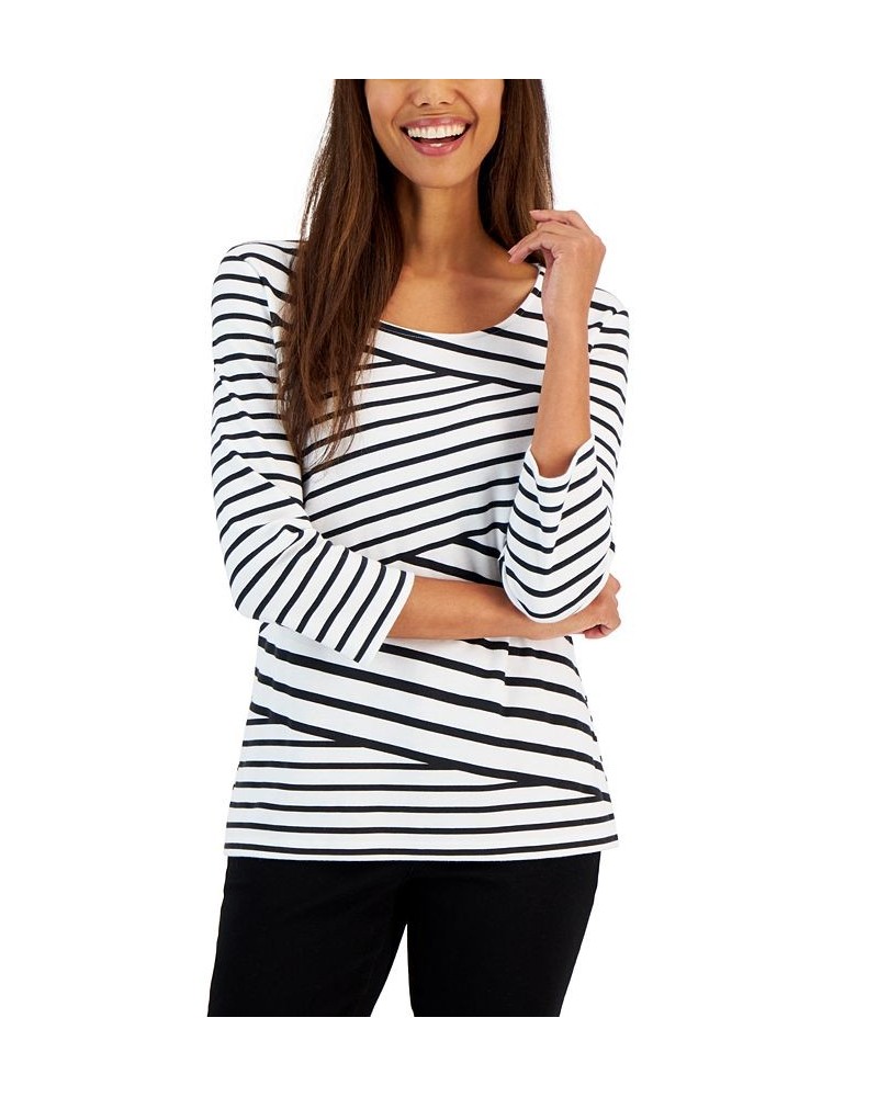 Women's Callie Asymmetrical-Stripe 3/4-Sleeve Top Bright White $10.59 Tops