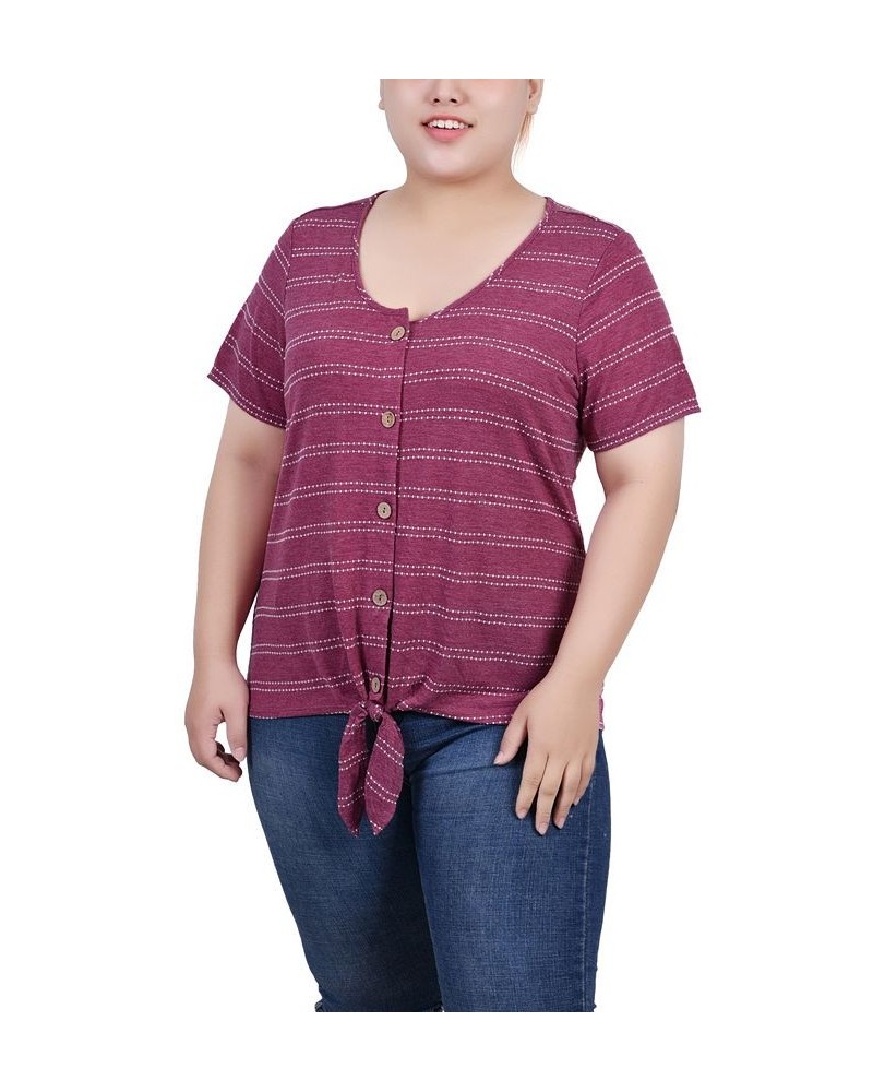 Plus Size Short Sleeve Tie Front Top Burgundy $14.90 Tops