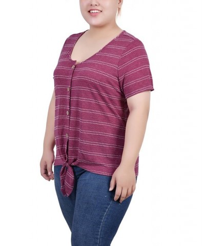 Plus Size Short Sleeve Tie Front Top Burgundy $14.90 Tops