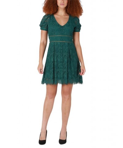 Women's V-Neck Lace Fit & Flare Dress Hunter Green $36.44 Dresses