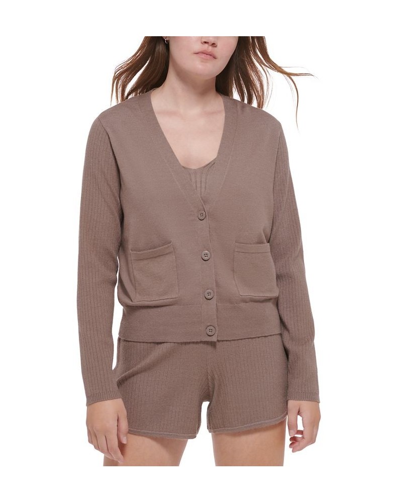 Women's Ribbed-Sleeve Button-Front Cardigan Hazelwood Heather $30.00 Sweaters