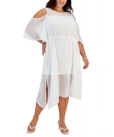 Plus Size Clip-Dot Cold-Shoulder Midi Dress White $47.52 Dresses