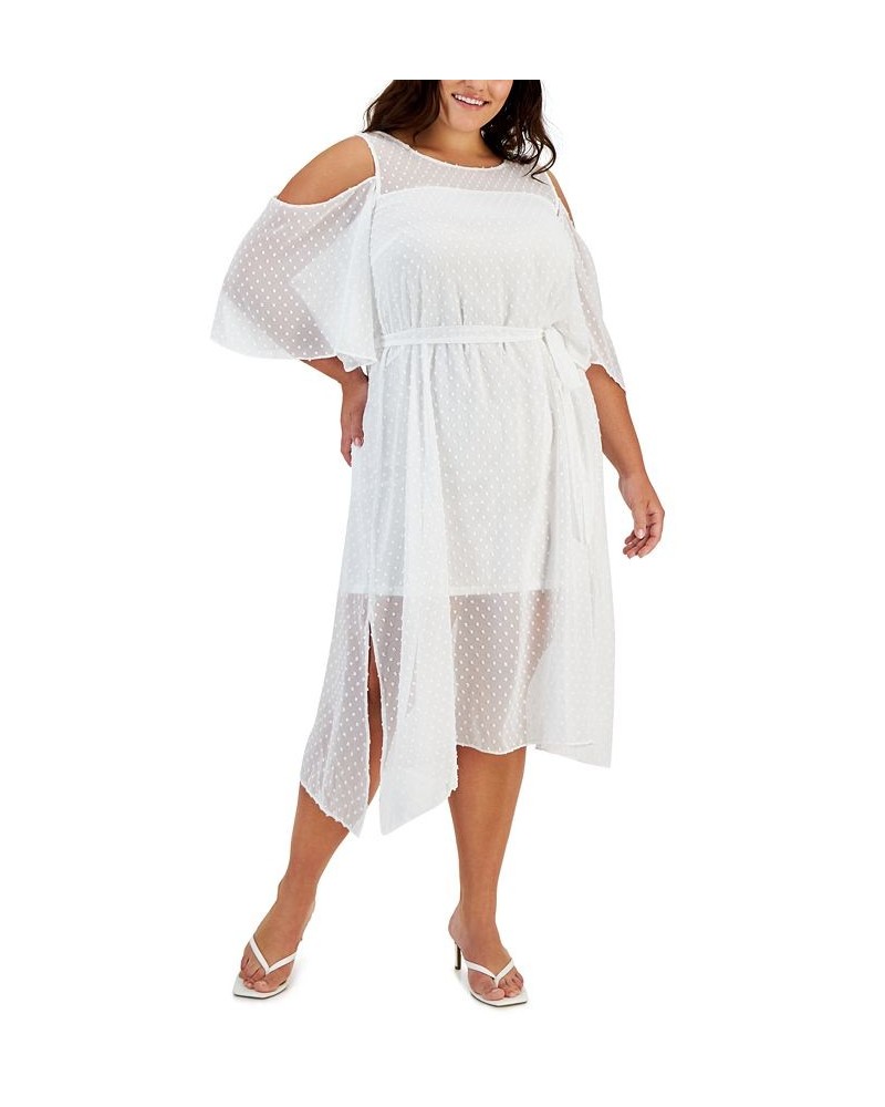 Plus Size Clip-Dot Cold-Shoulder Midi Dress White $47.52 Dresses