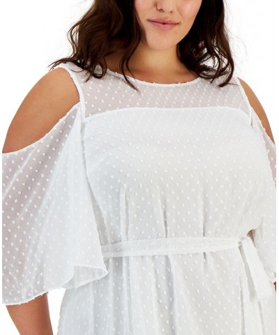 Plus Size Clip-Dot Cold-Shoulder Midi Dress White $47.52 Dresses