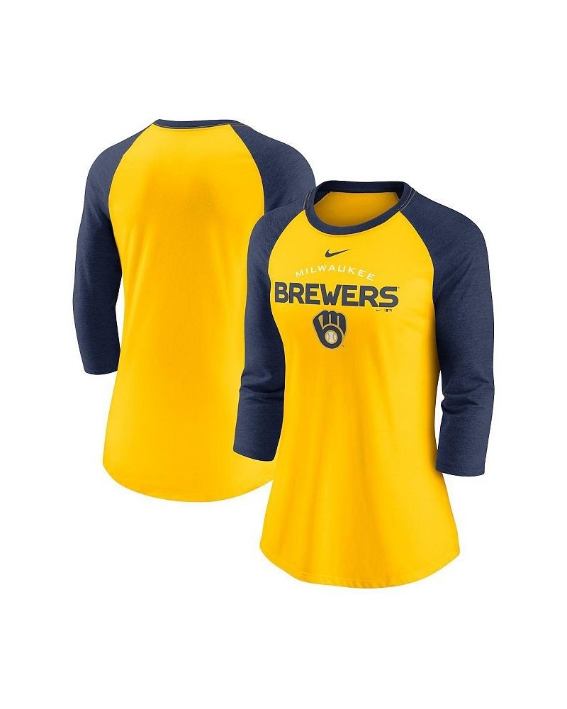 Women's Gold and Navy Milwaukee Brewers Modern Baseball Arch Tri-Blend Raglan Three-Quarter Sleeve T-shirt Gold $32.99 Tops