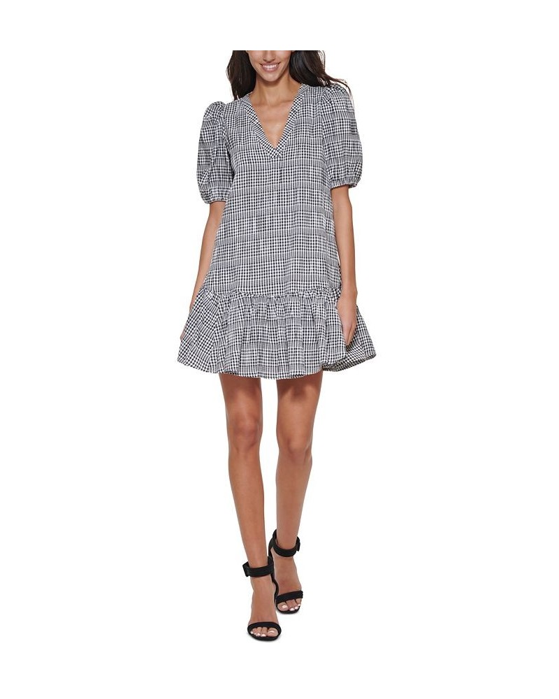 Women's Gingham V-Neck Puff-Sleeve Dress Black/White $76.32 Dresses