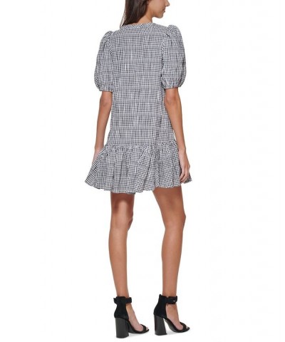 Women's Gingham V-Neck Puff-Sleeve Dress Black/White $76.32 Dresses