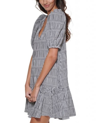 Women's Gingham V-Neck Puff-Sleeve Dress Black/White $76.32 Dresses