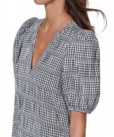 Women's Gingham V-Neck Puff-Sleeve Dress Black/White $76.32 Dresses