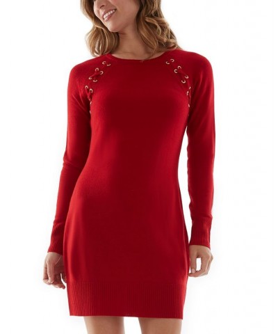 Juniors' Grommet Lace-Up Bodycon Sweater Dress Red $20.05 Dresses