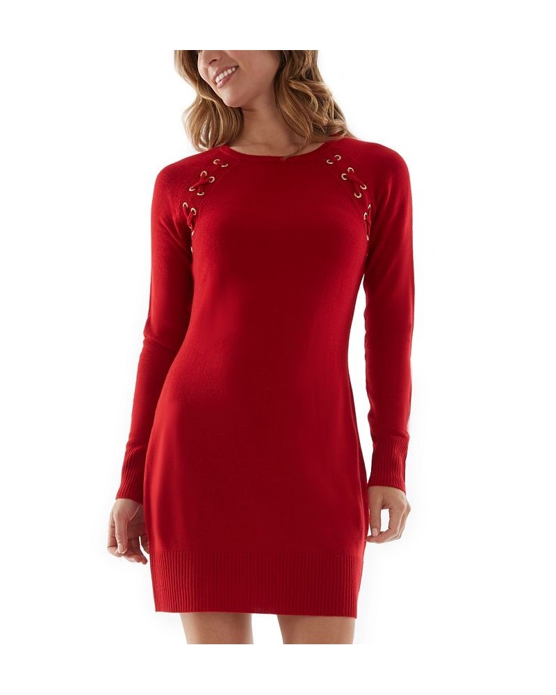 Juniors' Grommet Lace-Up Bodycon Sweater Dress Red $20.05 Dresses