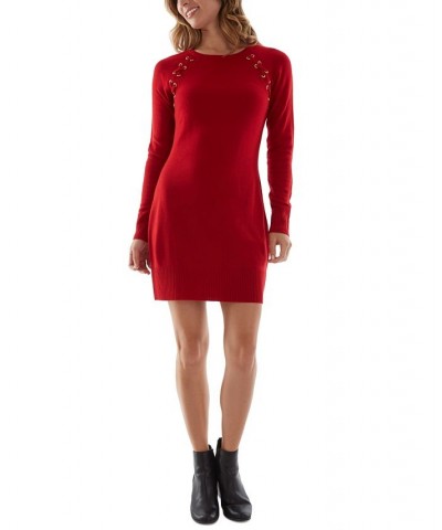 Juniors' Grommet Lace-Up Bodycon Sweater Dress Red $20.05 Dresses