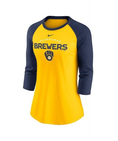 Women's Gold and Navy Milwaukee Brewers Modern Baseball Arch Tri-Blend Raglan Three-Quarter Sleeve T-shirt Gold $32.99 Tops