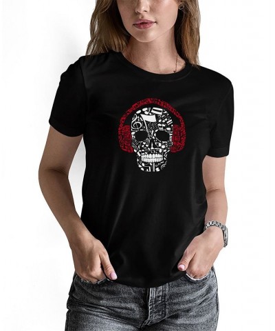 Women's Music Notes Skull Word Art T-shirt Black $14.35 Tops