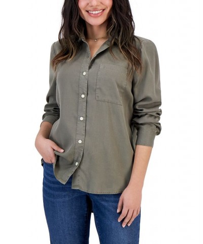 Petite Solid Button-Down Perfect Shirt Green $15.99 Tops