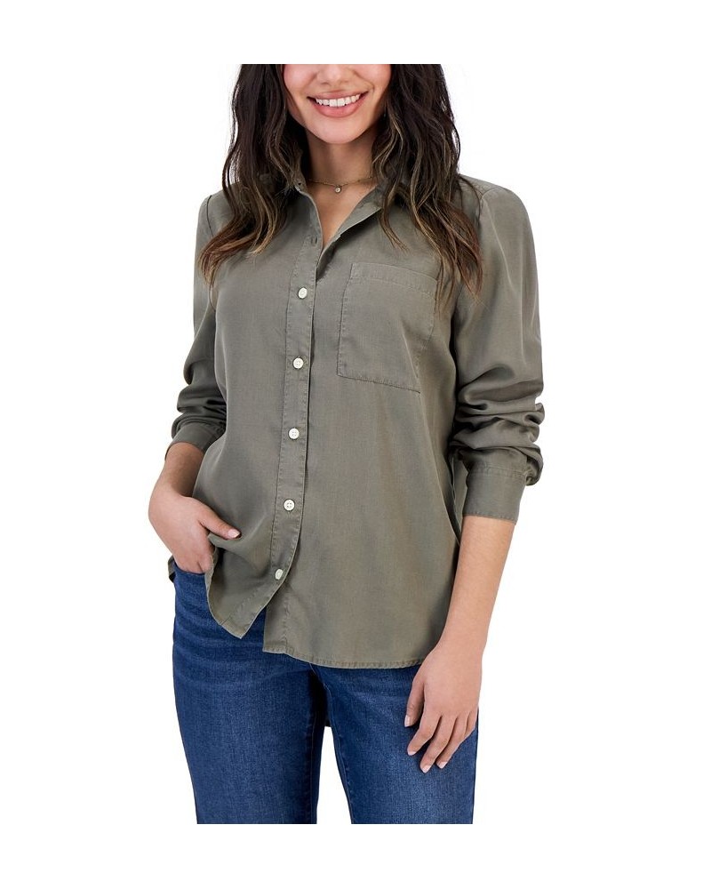 Petite Solid Button-Down Perfect Shirt Green $15.99 Tops