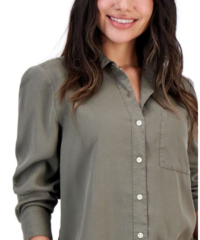 Petite Solid Button-Down Perfect Shirt Green $15.99 Tops