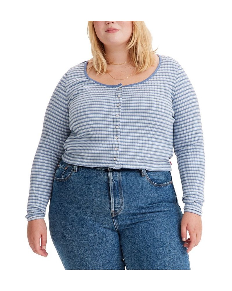 Trendy Plus Size Britt Long-Sleeve Snap-Front Top Blue $19.35 Tops