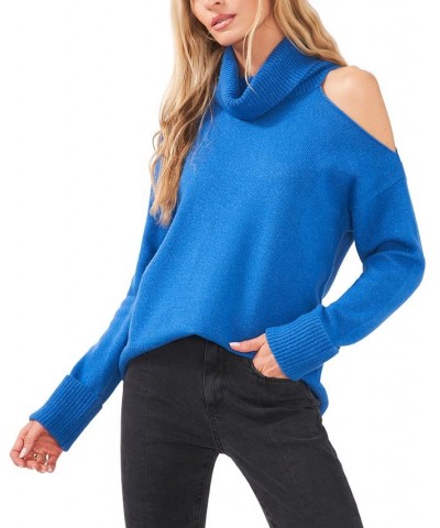 Cold-Shoulder Cuffed Turtleneck Sweater Blue $26.40 Sweaters