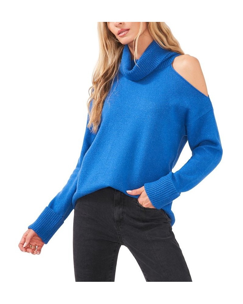 Cold-Shoulder Cuffed Turtleneck Sweater Blue $26.40 Sweaters